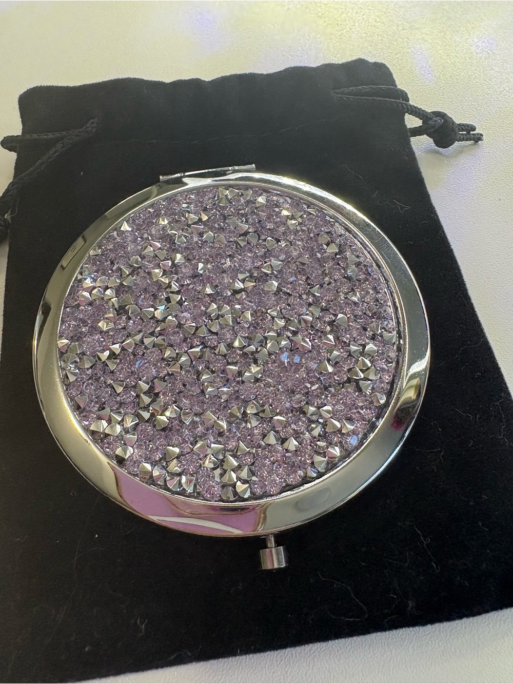 Silver Double Compact with crystal encrusted top lid - Picture 3 of 5